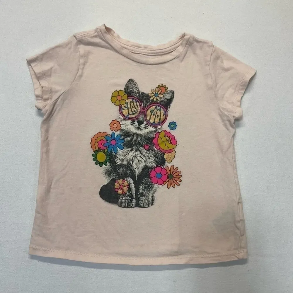 Old Navy Girls Cat Graphic T-Shirt Size 5 Stay Cool Sunglasses Kitty Tee